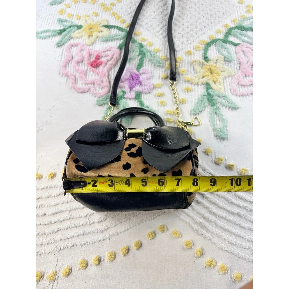 Betsey Johnson Leopard Print Mini Satchel Black Patent Bow Crossbody Bag